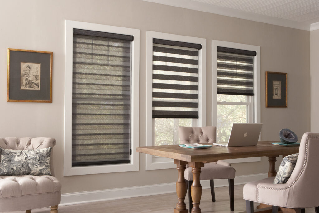 Band shades filtering natural light in a bright airy living room in Bridgeland TX