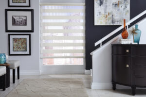 Band shade in the open position in a modern entryway with city views in Bridgeland, TX