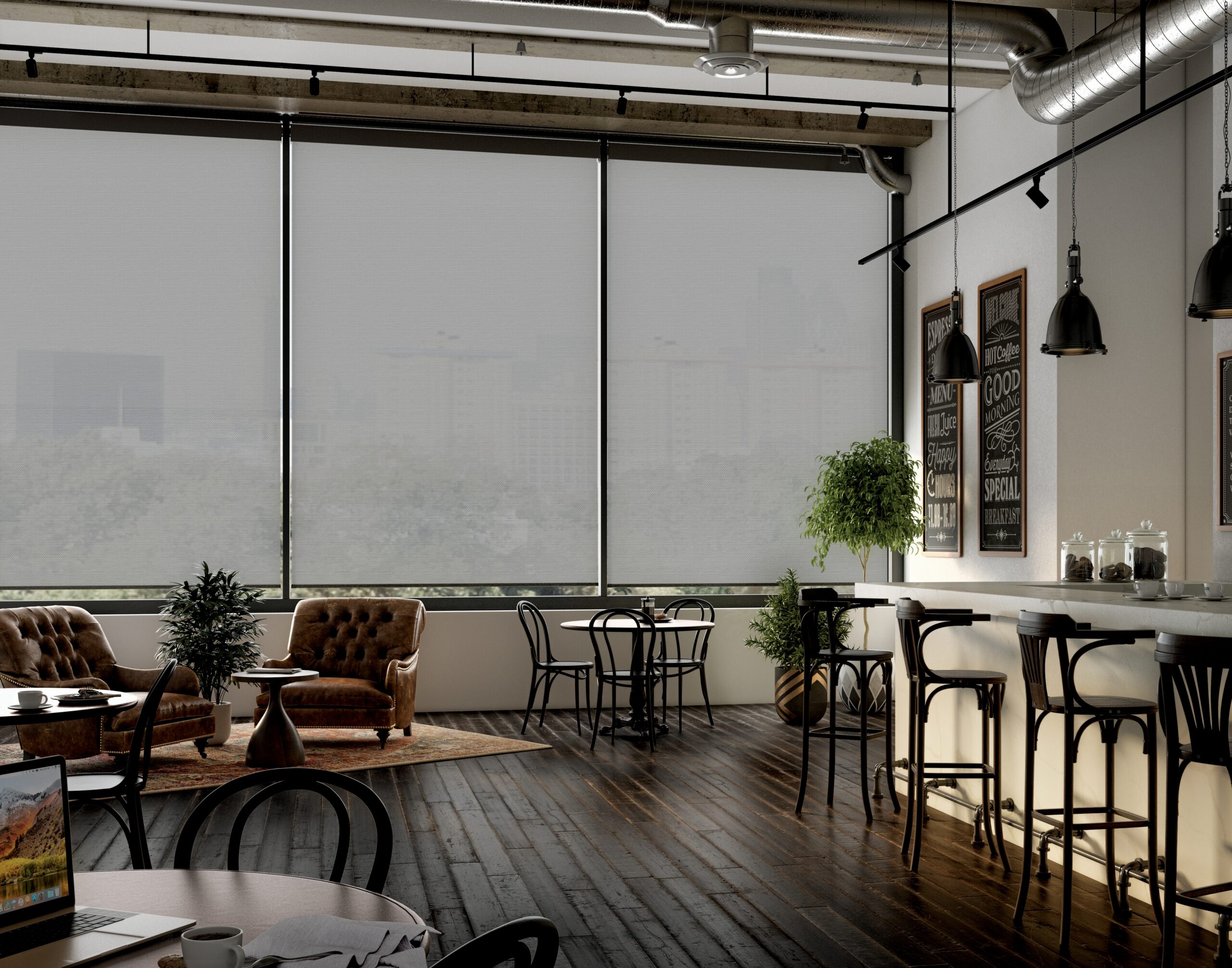 Blackout roller shades installed across large windows in a spacious living area in Bridgeland, TX